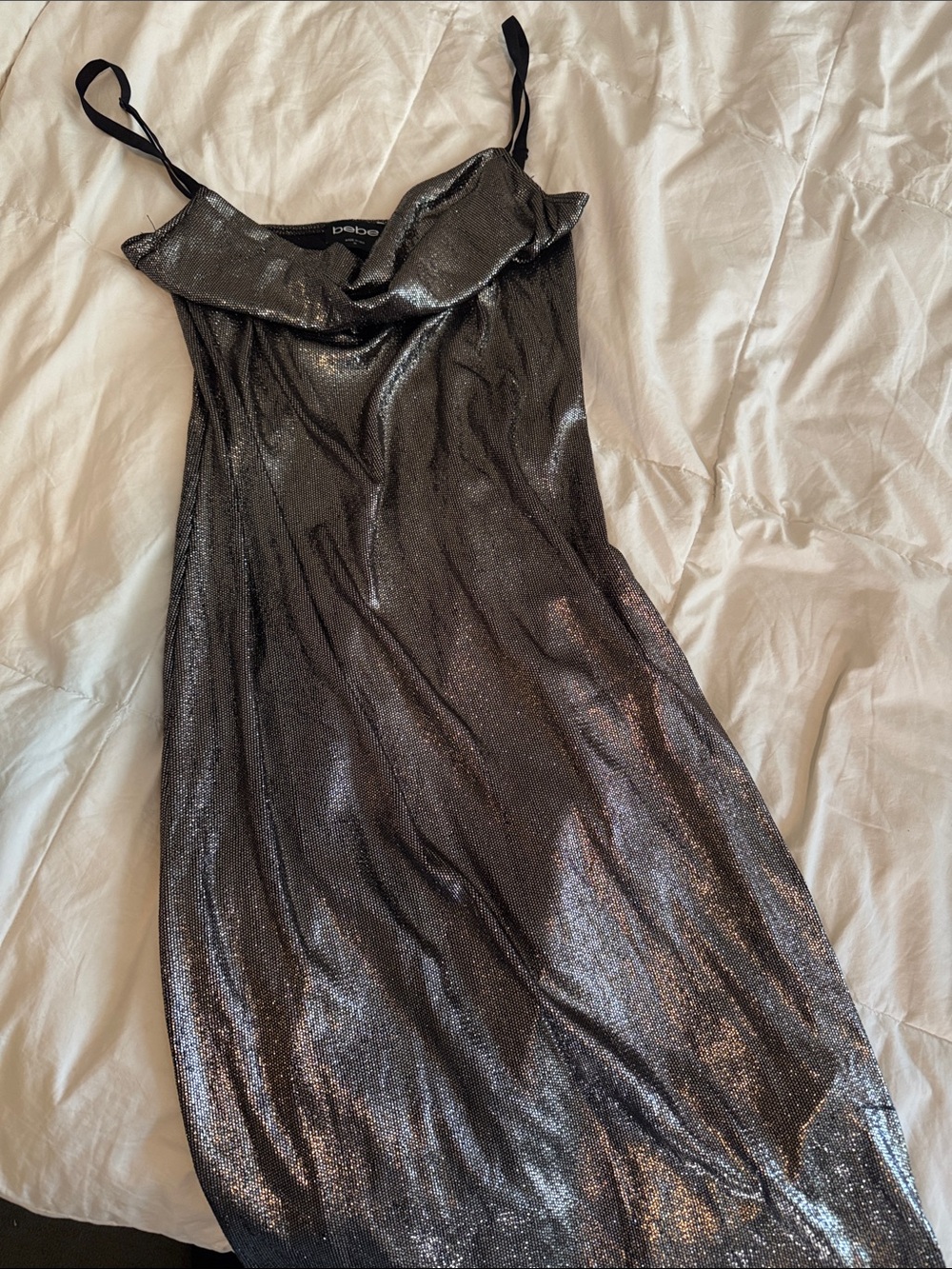 bebe Metallic Black and Silver Evening dress